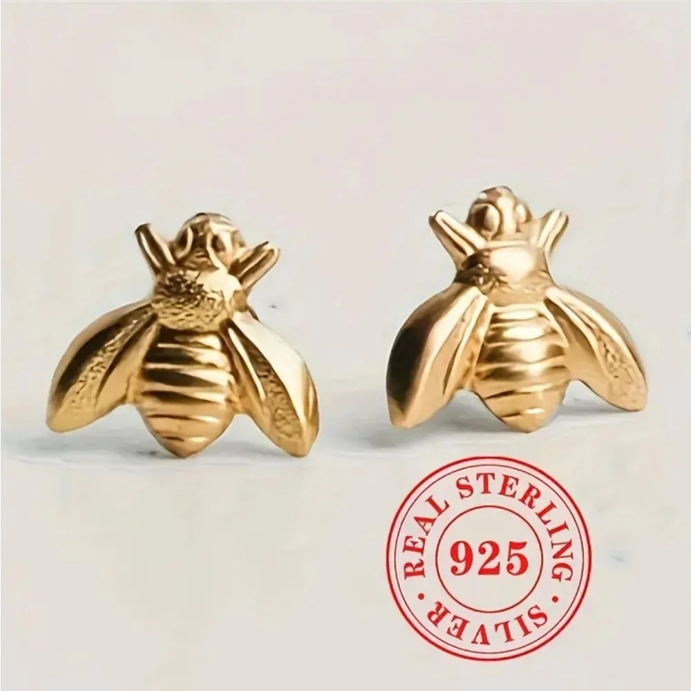 Sterling Silver Gold Bee Stud Earrings - Picture 1 of 3